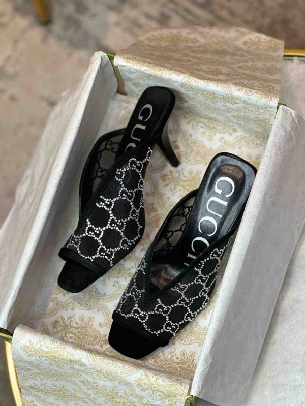 Gucci Black Mesh/Suede Crystal GG Slide Heels - Image 2