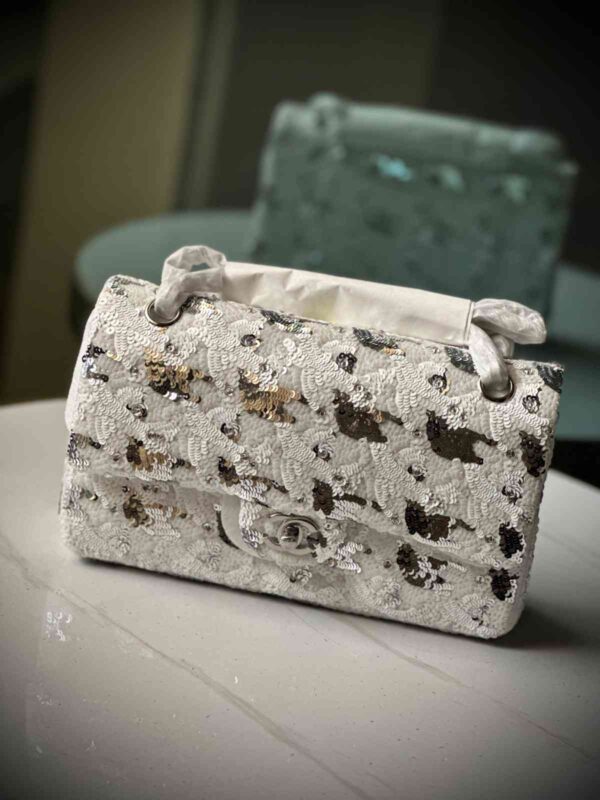 Chanel White Silver Sequin Mini Classic Flap Bag - Image 3