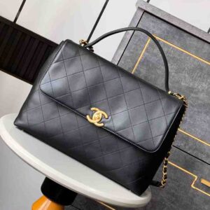 Maxi flap bag with top handle, Calfskin & gold-tone metal