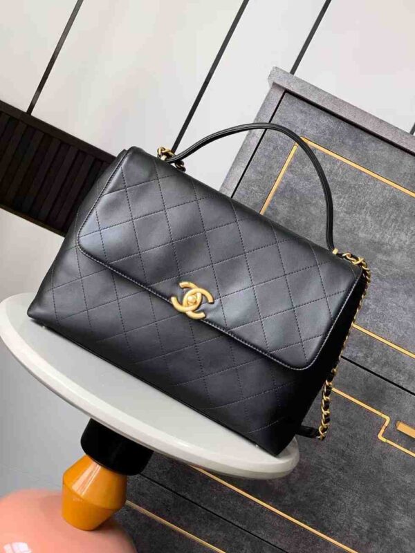 Maxi flap bag with top handle, Calfskin & gold-tone metal
