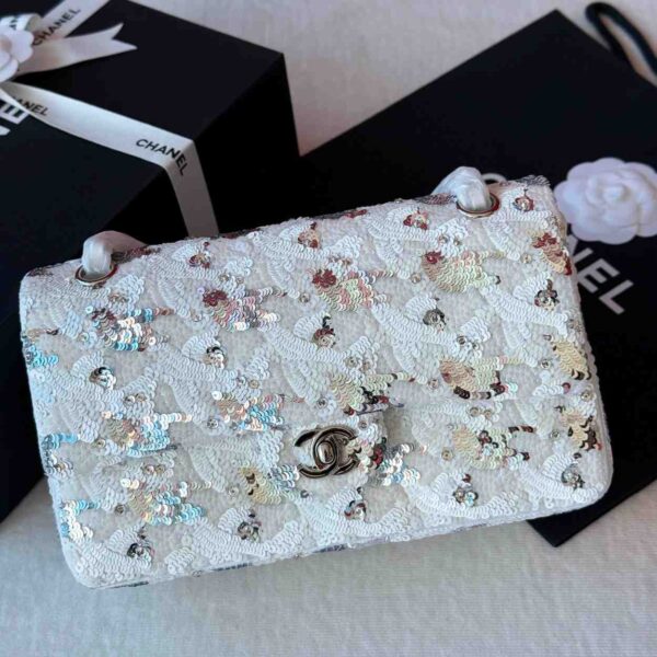 Chanel White Silver Sequin Mini Classic Flap Bag - Image 2