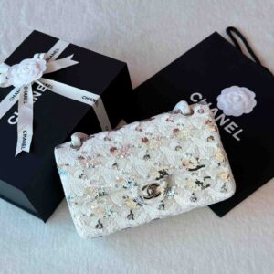 Chanel White Silver Sequin Mini Classic Flap Bag