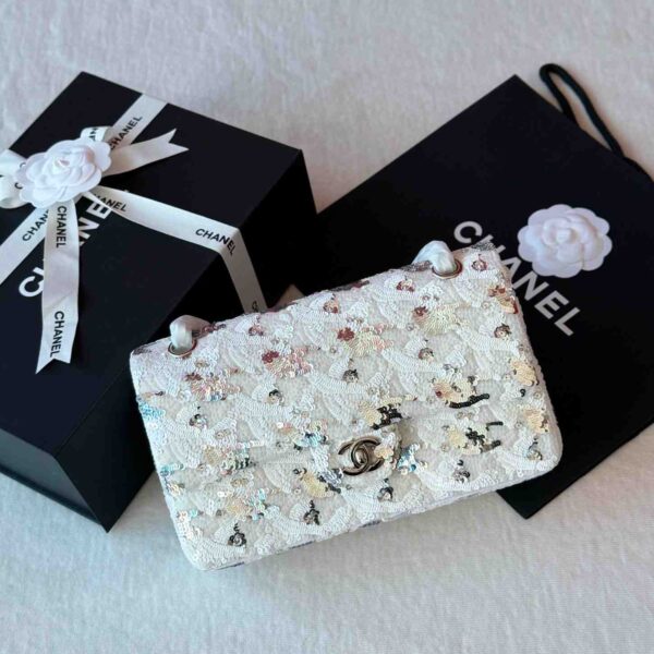 Chanel White Silver Sequin Mini Classic Flap Bag