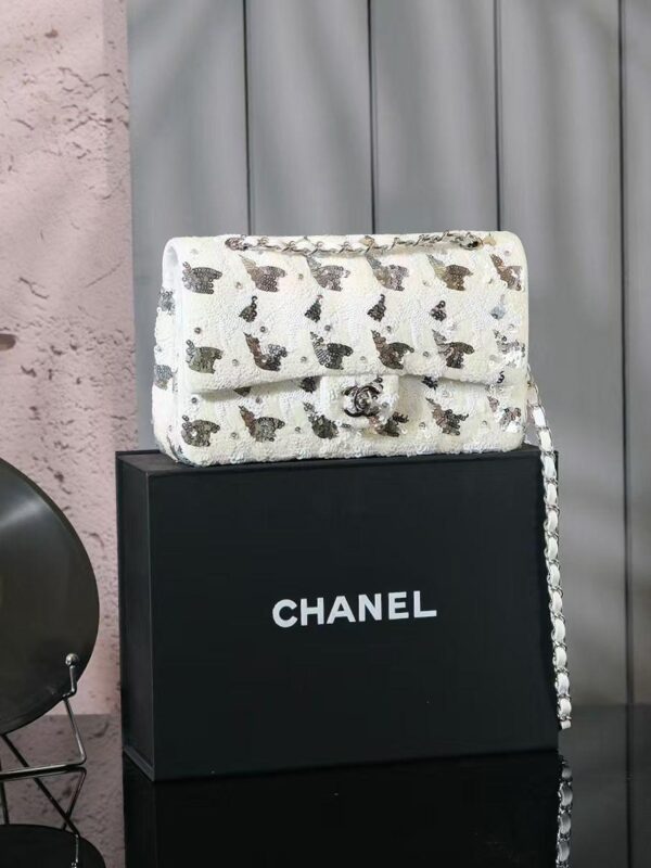 Chanel White & Silver Sequin East-West Flap Bag with Silver