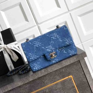 Chanel Blue Printed Denim Medium Classic Double Flap