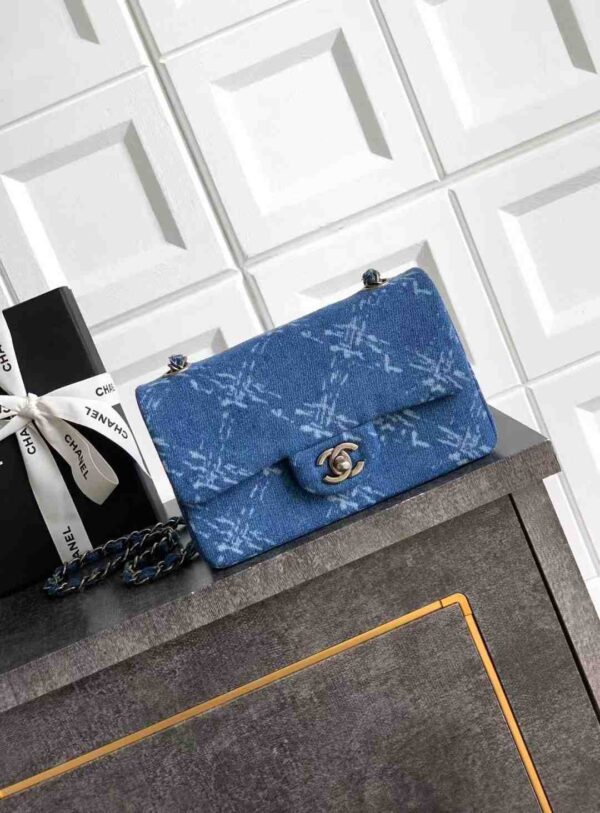 Chanel Blue Printed Denim Medium Classic Double Flap