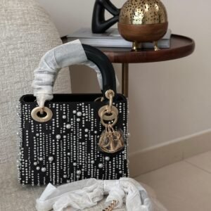 Mini Lady Dior Bag Black Satin Embroidered with Fringe